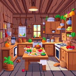 A vibrant and colorful pixel art kitchen scene with a wooden theme, measuring 64x64 pixels