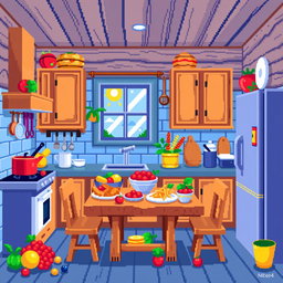 A vibrant and colorful pixel art kitchen scene with a wooden theme, measuring 64x64 pixels