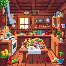 A vibrant and colorful pixel art kitchen scene with a wooden theme, measuring 64x64 pixels