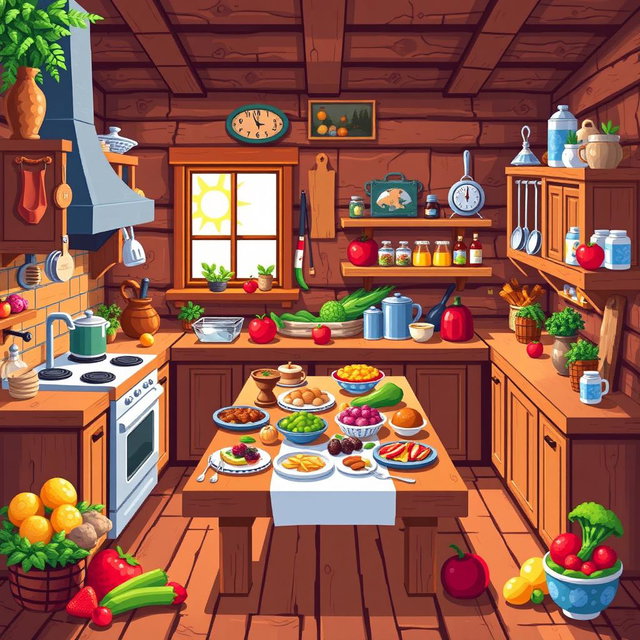 A vibrant and colorful pixel art kitchen scene with a wooden theme, measuring 64x64 pixels