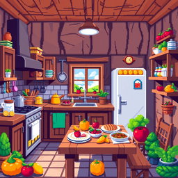 A vibrant and colorful pixel art kitchen scene with a wooden theme, measuring 64x64 pixels