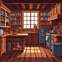 A cozy kitchen scene depicted in 64x64 pixel art style, featuring wooden cabinets, a rustic wooden table, and various kitchen utensils