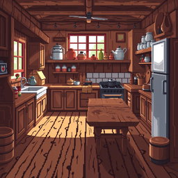 A cozy kitchen scene depicted in 64x64 pixel art style, featuring wooden cabinets, a rustic wooden table, and various kitchen utensils