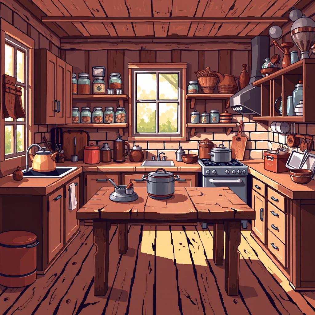 A cozy kitchen scene depicted in 64x64 pixel art style, featuring wooden cabinets, a rustic wooden table, and various kitchen utensils