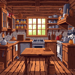 A cozy kitchen scene depicted in 64x64 pixel art style, featuring wooden cabinets, a rustic wooden table, and various kitchen utensils