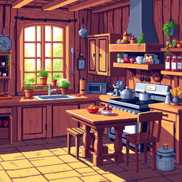 A vibrant pixel art depiction of a cozy wooden kitchen, created in a 64x64 pixel format