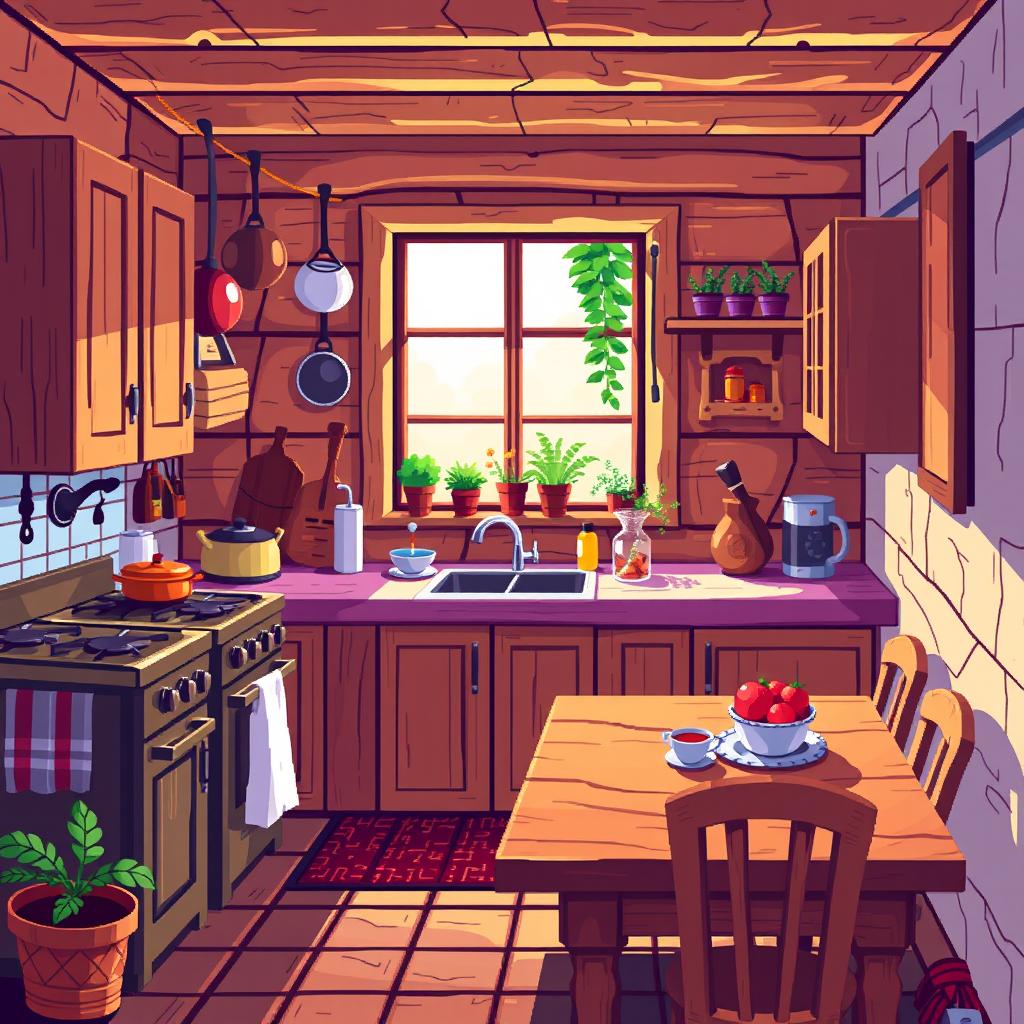 A vibrant pixel art depiction of a cozy wooden kitchen, created in a 64x64 pixel format