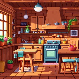 A vibrant pixel art depiction of a cozy wooden kitchen, created in a 64x64 pixel format
