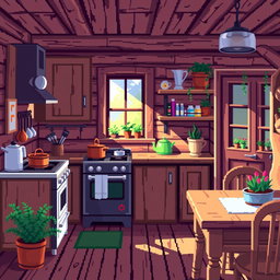 A vibrant pixel art depiction of a cozy wooden kitchen, created in a 64x64 pixel format