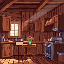 A pixel art scene depicting a cozy wooden kitchen filled with rustic cabinets, a vintage stove, and a small table with a vase of flowers