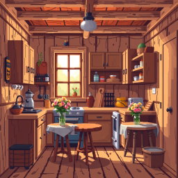 A pixel art scene depicting a cozy wooden kitchen filled with rustic cabinets, a vintage stove, and a small table with a vase of flowers