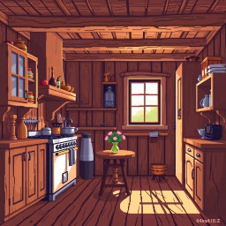 A pixel art scene depicting a cozy wooden kitchen filled with rustic cabinets, a vintage stove, and a small table with a vase of flowers