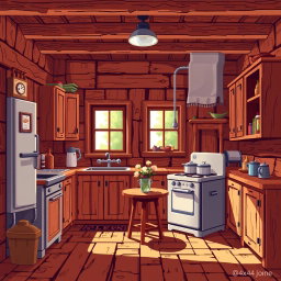 A pixel art scene depicting a cozy wooden kitchen filled with rustic cabinets, a vintage stove, and a small table with a vase of flowers