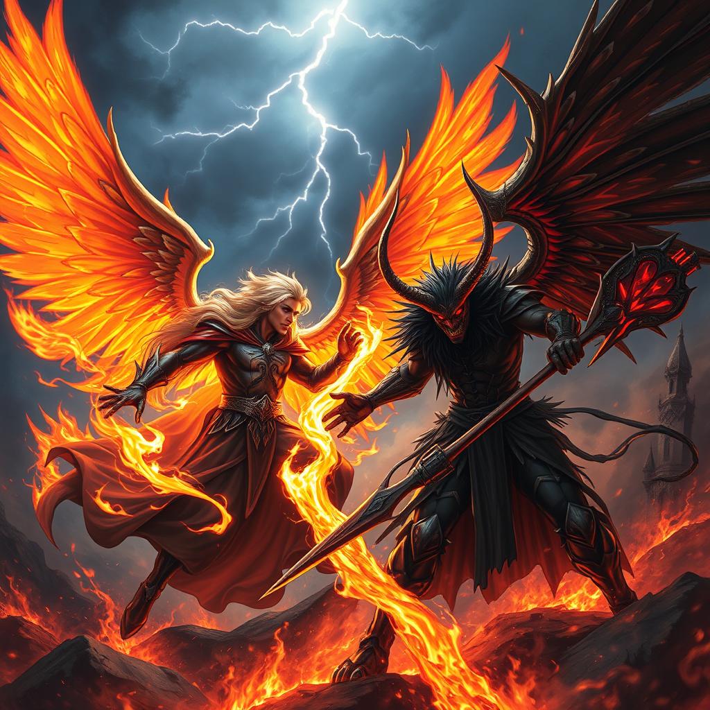 A dramatic battle scene depicting Lucifer and Azazel, set in a dark and fiery landscape