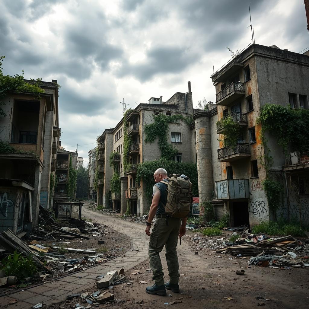 A post-apocalyptic scene set in Sofia, Bulgaria, featuring crumbling buildings overgrown with vines and vegetation, remnants of modern city life scattered throughout the streets, and a dark, ominous sky filled with ominous clouds