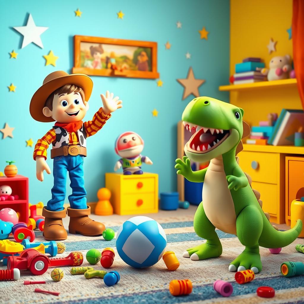A vibrant and playful scene depicting a colorful array of toys brought to life in a child's bedroom