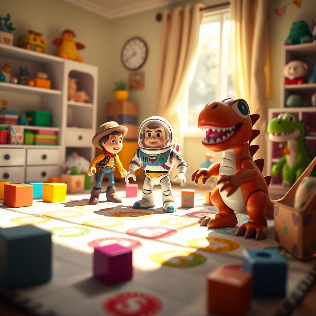 A whimsical scene featuring a group of colorful, playful toy characters in a child's bedroom
