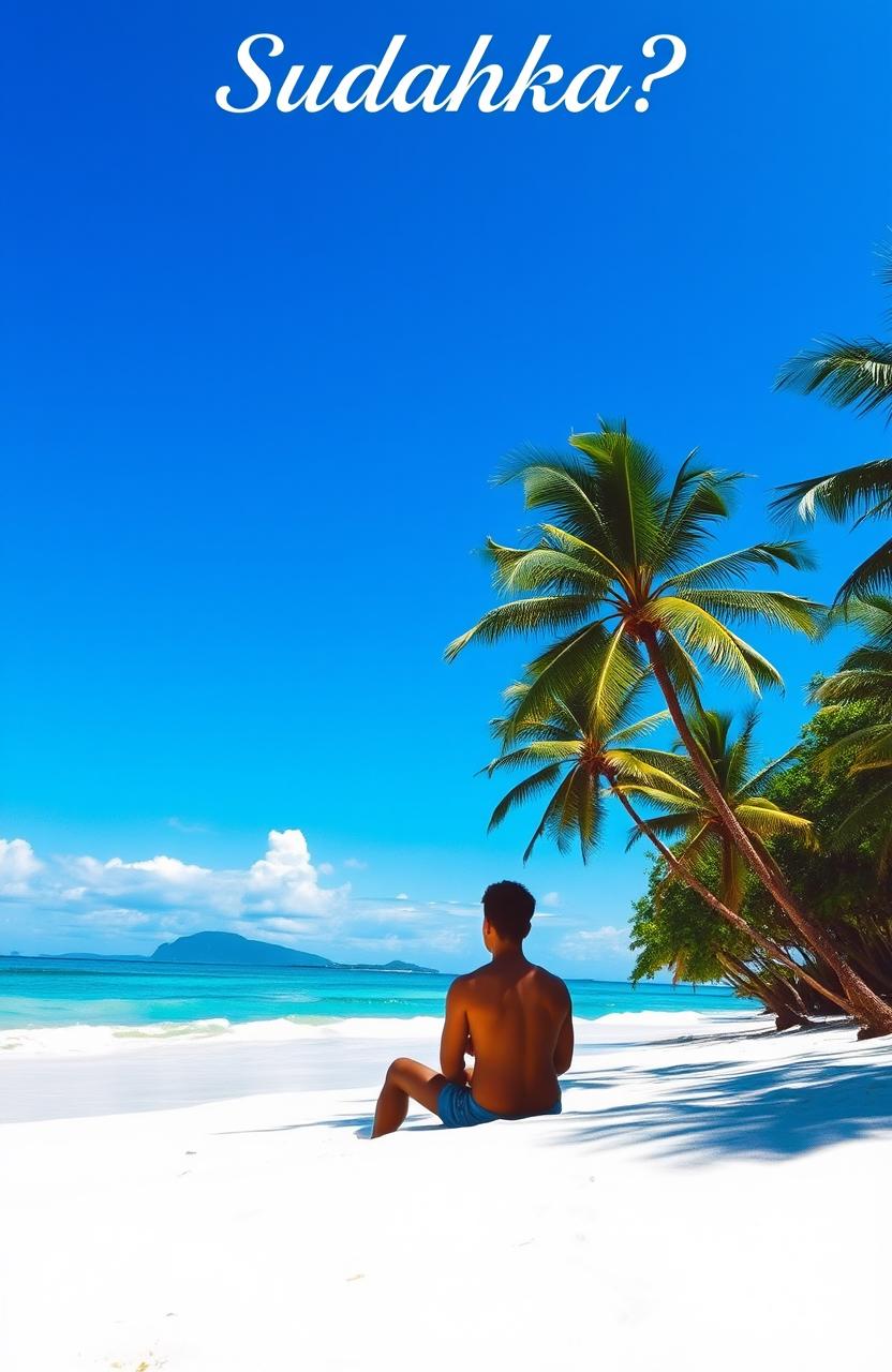 A serene beach scene under a bright blue sky, showcasing a pristine tropical landscape