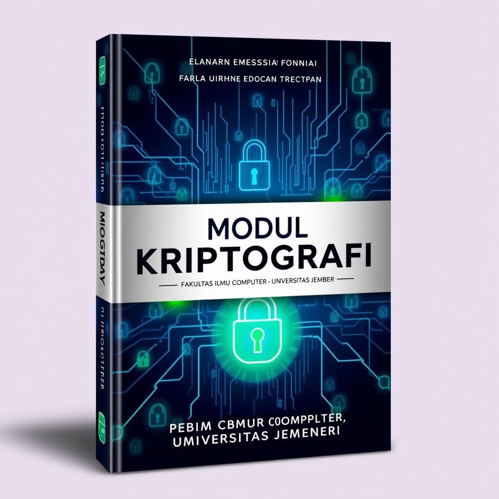 A modern book cover titled 'Modul Kriptografi' featuring a digital theme with elements of cybersecurity, including locks and circuit patterns