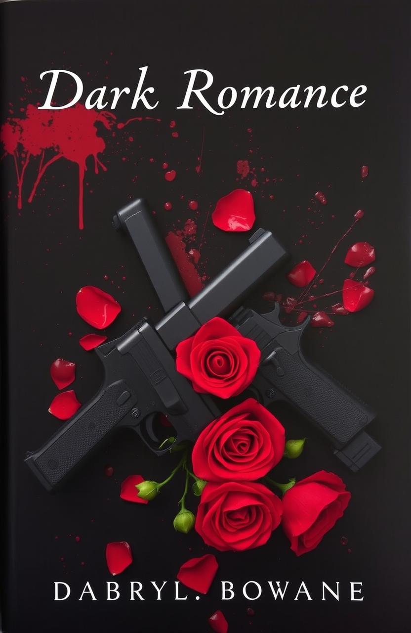 A dark romance book cover featuring guns, splattered blood, and a striking black and red background