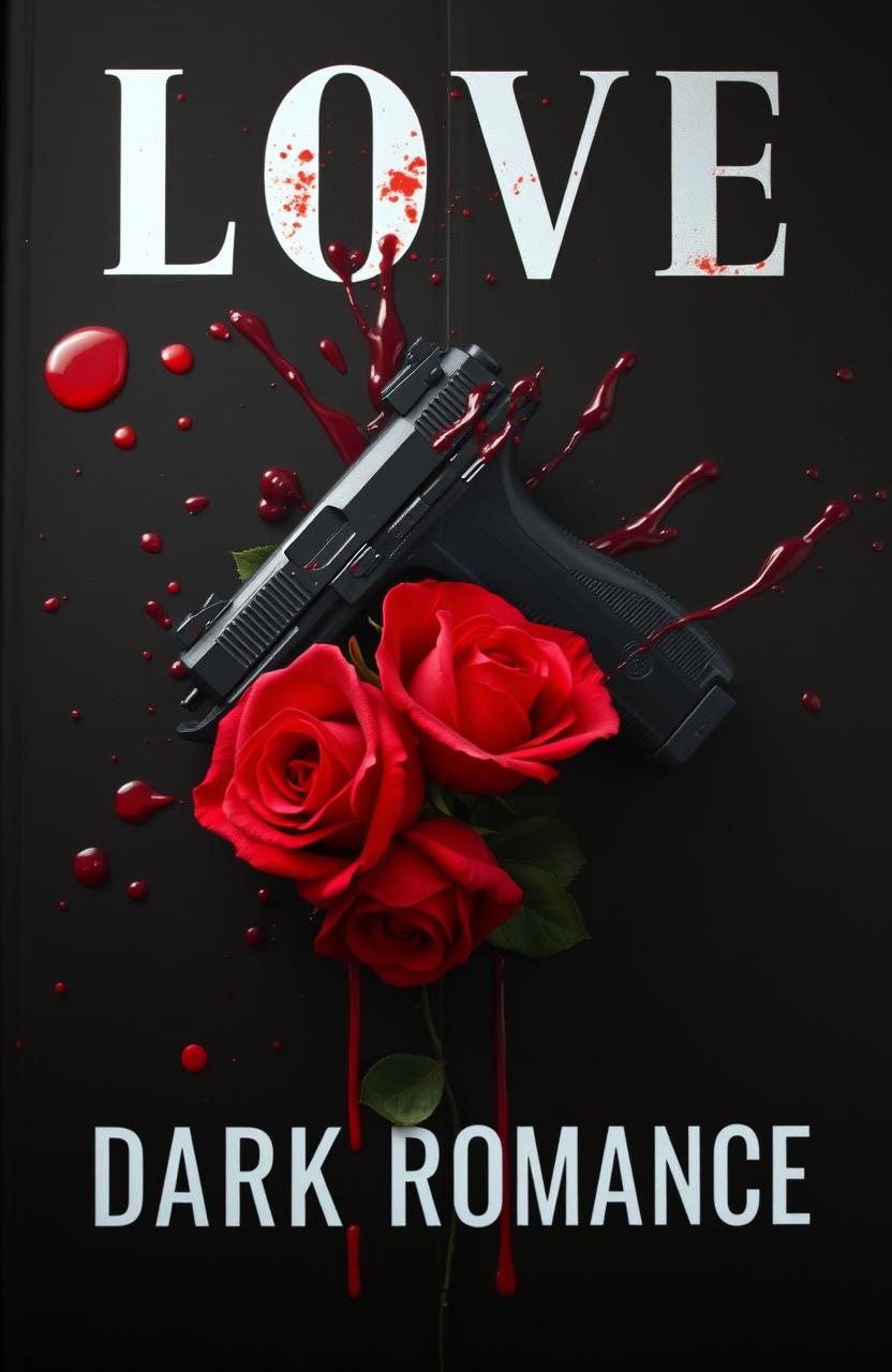 A dark romance book cover featuring guns and splashes of blood, set against a dramatic black and red background