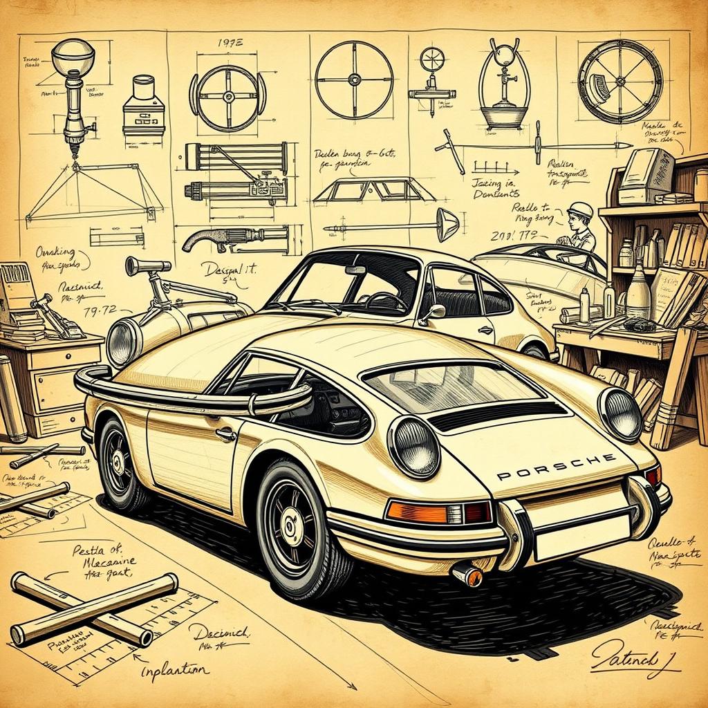 A classic Porsche 911 illustrated in the style of Leonardo da Vinci, featuring detailed sketches and annotations, reminiscent of da Vinci's famous technical drawings