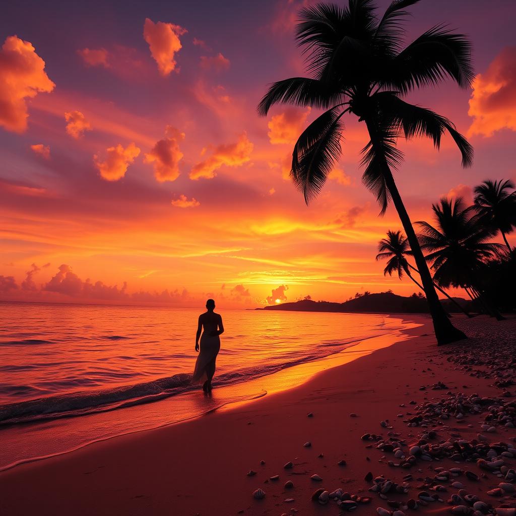 A stunning sunset over a serene beach, with vibrant orange and pink hues reflecting off the calm water