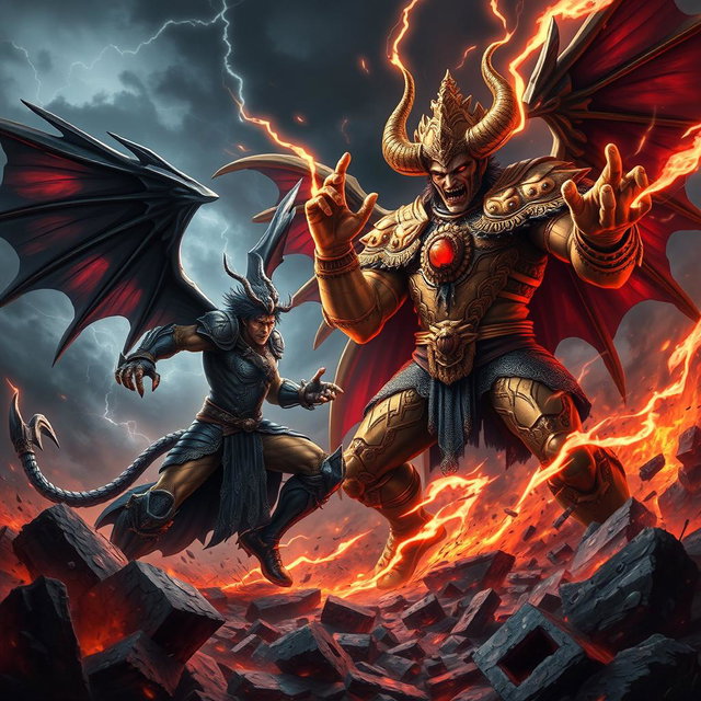 A dynamic and epic battle scene featuring Lucifer, depicted as a powerful being with dark wings, charismatic and menacing, adorned in intricate armor