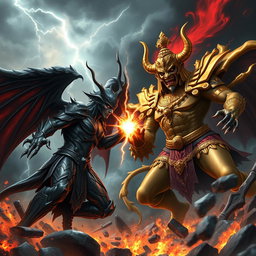 A dynamic and epic battle scene featuring Lucifer, depicted as a powerful being with dark wings, charismatic and menacing, adorned in intricate armor