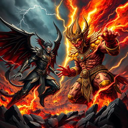 A dynamic and epic battle scene featuring Lucifer, depicted as a powerful being with dark wings, charismatic and menacing, adorned in intricate armor