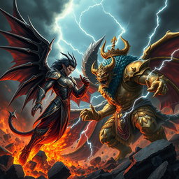 A dynamic and epic battle scene featuring Lucifer, depicted as a powerful being with dark wings, charismatic and menacing, adorned in intricate armor