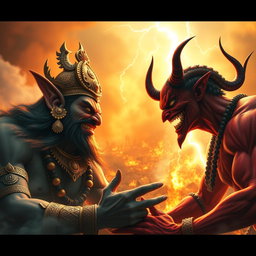 A dramatic confrontation scene between Hiranyakasipu, a powerful demon king from Hindu mythology, characterized by his fierce features, ornate jewelry, and regal attire, and a menacing devil figure with red skin, sharp horns, and a devilish grin