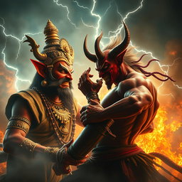 A dramatic confrontation scene between Hiranyakasipu, a powerful demon king from Hindu mythology, characterized by his fierce features, ornate jewelry, and regal attire, and a menacing devil figure with red skin, sharp horns, and a devilish grin