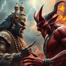 A dramatic confrontation scene between Hiranyakasipu, a powerful demon king from Hindu mythology, characterized by his fierce features, ornate jewelry, and regal attire, and a menacing devil figure with red skin, sharp horns, and a devilish grin
