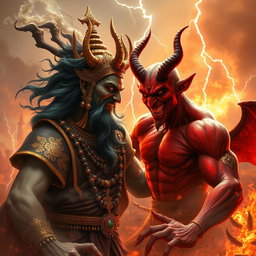 A dramatic confrontation scene between Hiranyakasipu, a powerful demon king from Hindu mythology, characterized by his fierce features, ornate jewelry, and regal attire, and a menacing devil figure with red skin, sharp horns, and a devilish grin