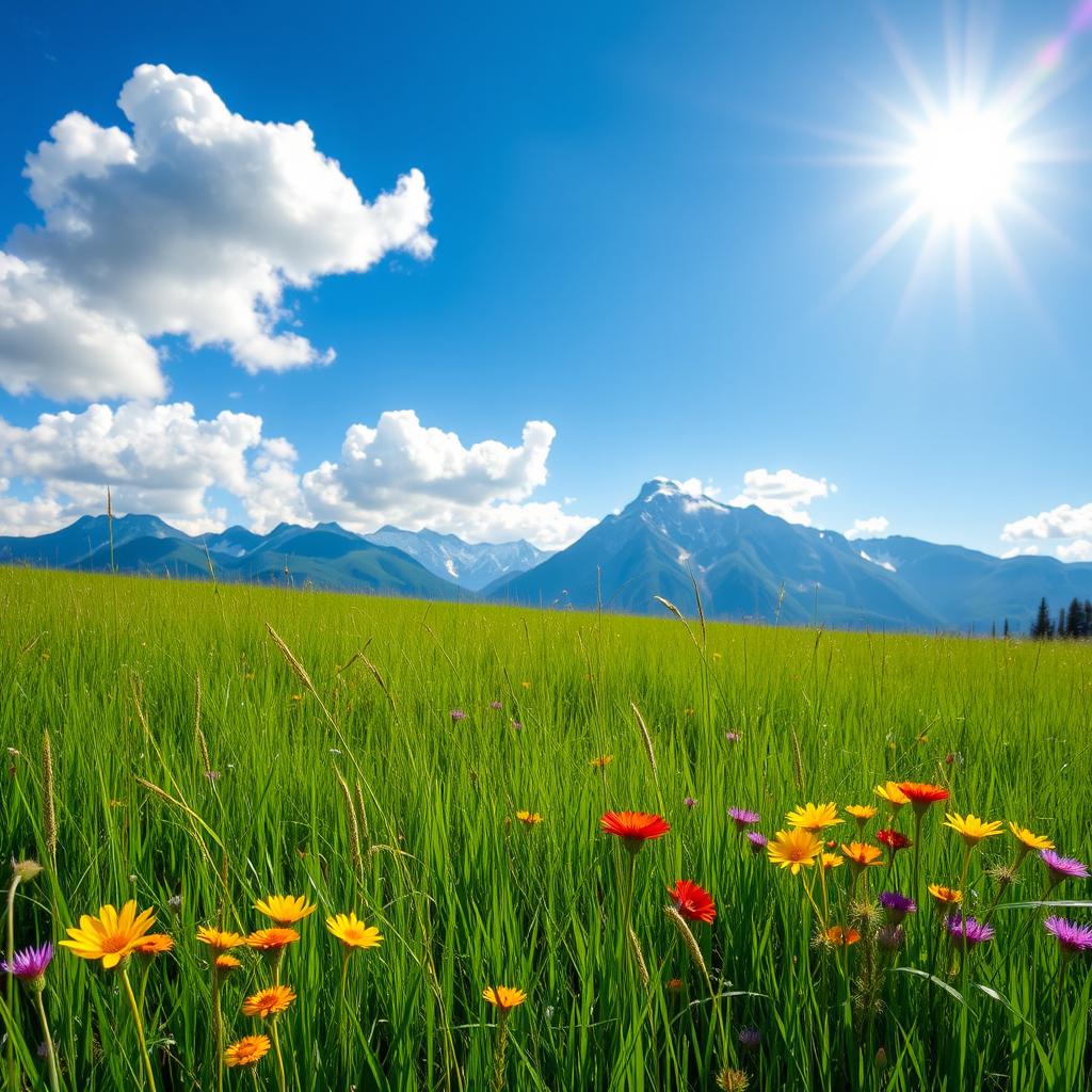 A scenic daytime landscape featuring a vibrant green meadow under a bright blue sky, with fluffy white clouds dotting the horizon