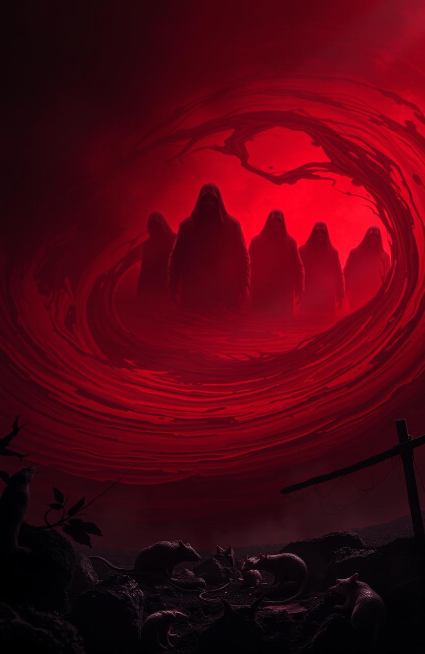 A dark and atmospheric fantasy scene depicting a swirling pool of crimson blood, symbolizing the plague, with eerie lighting that creates a haunting ambiance