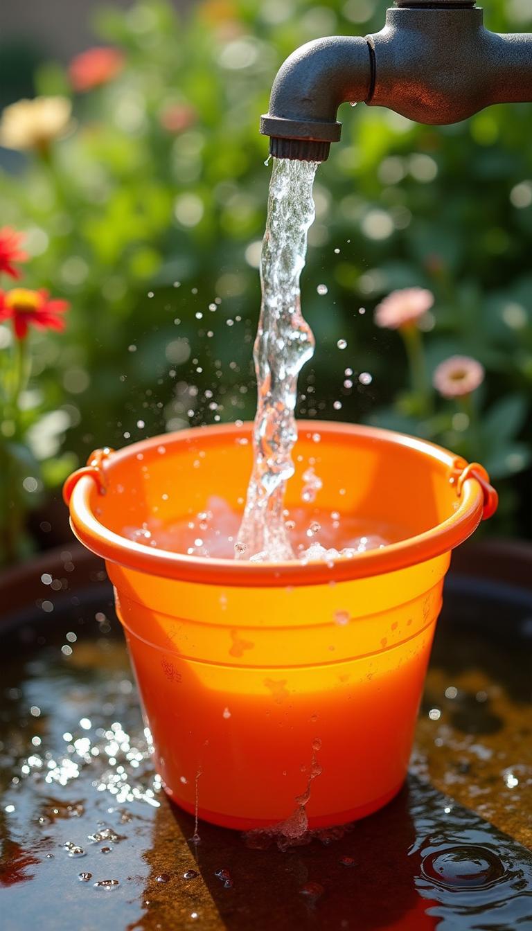 A dynamic scene of a bright, colorful bucket filling up with fresh water while simultaneously draining water from a small hole at the bottom