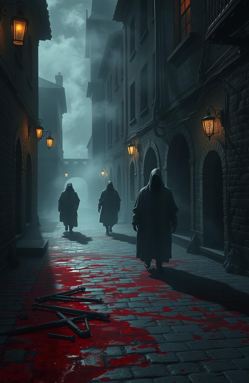 A haunting scene depicting a dark plague setting, with deep crimson blood pooling on the cobblestone streets