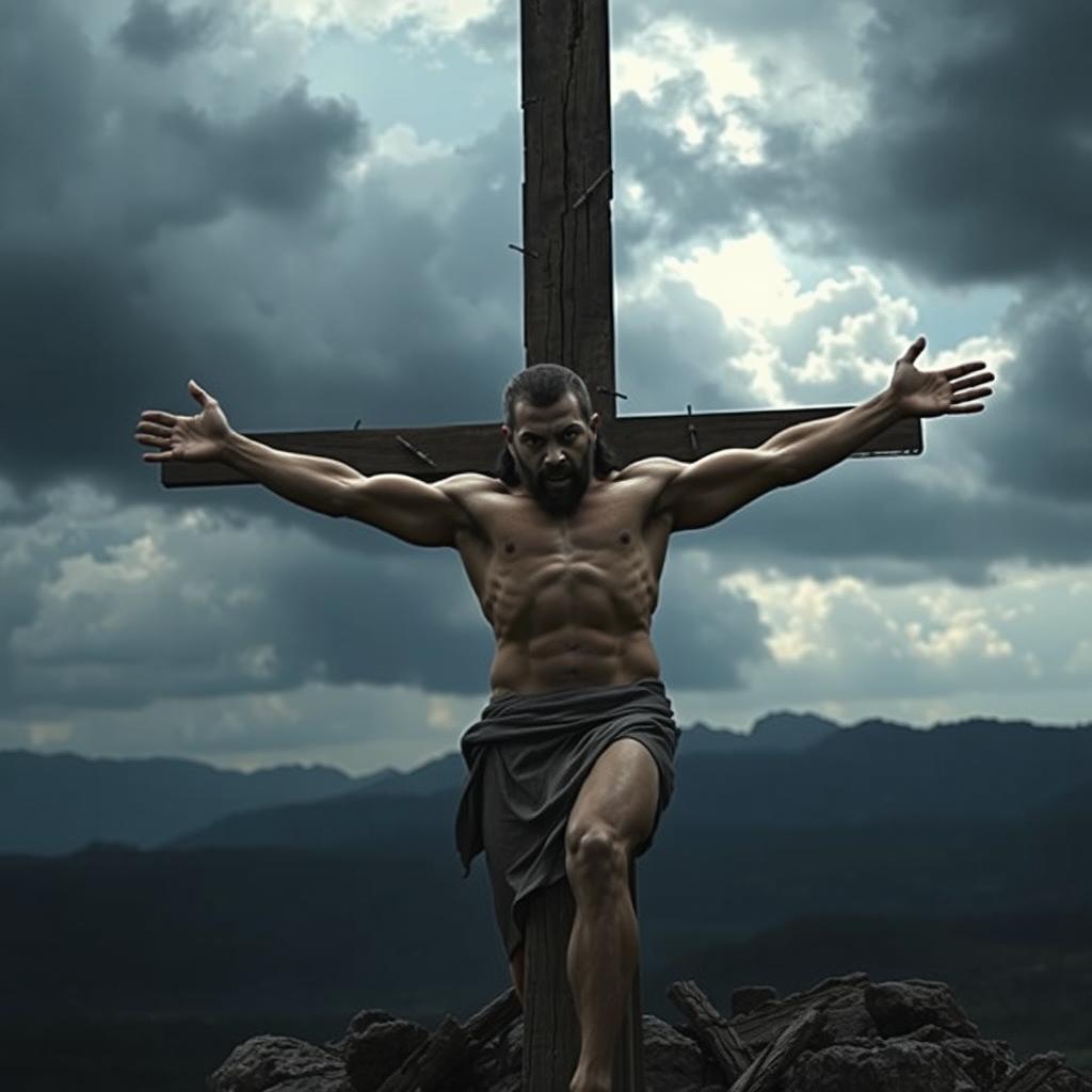 A powerful and dramatic scene featuring a muscular man with an intense expression, nailed to a wooden cross, with his arms stretched out wide