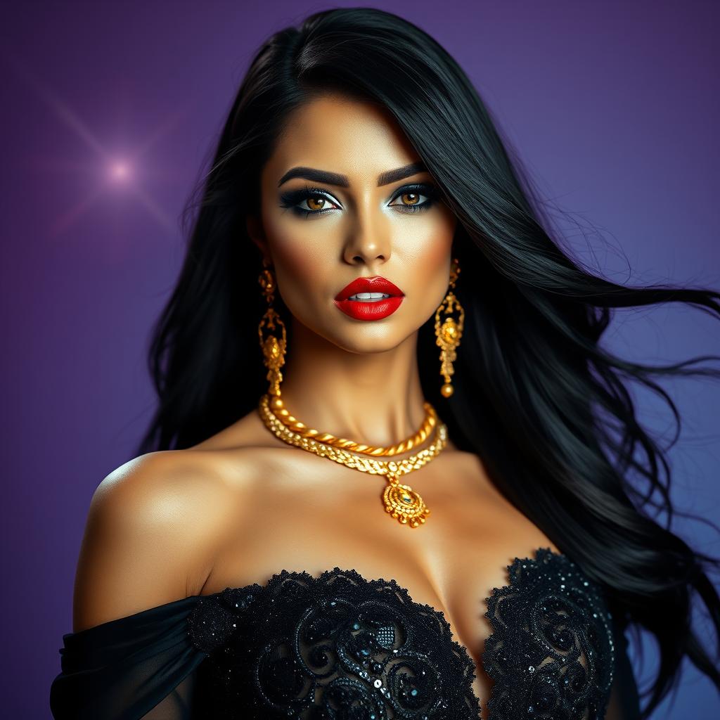 A stunning close-up portrait of a glamorous female model with long flowing black hair, adorned in luxurious gold jewelry