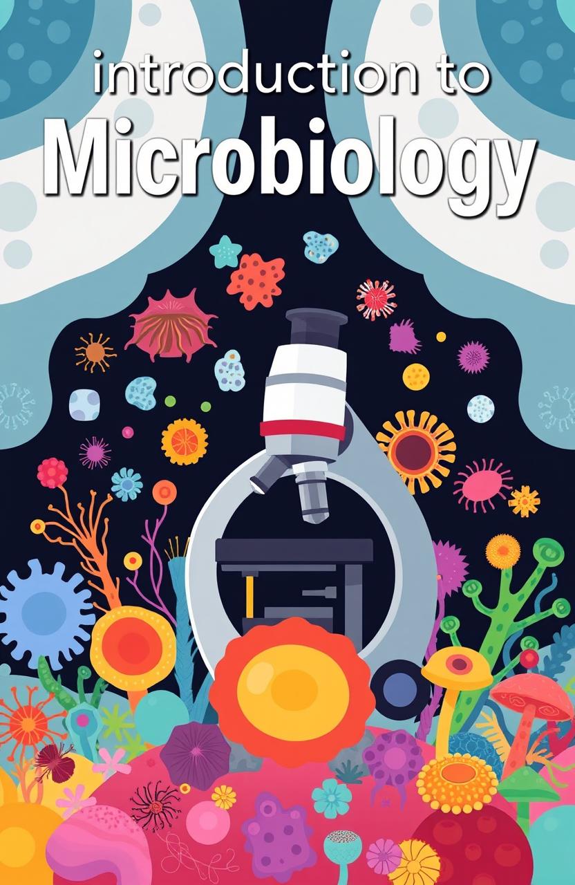 An illustrated cover design for a microbiology textbook, showcasing various microorganisms like bacteria, viruses, and fungi in vibrant colors