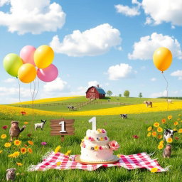A charming and whimsical background for a first birthday party, featuring a country-like setting with lush green fields and vibrant wildflowers in shades of yellow, pink, and purple