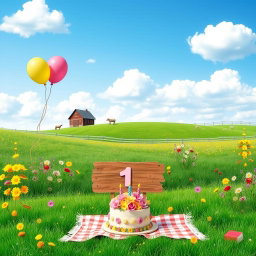A charming and whimsical background for a first birthday party, featuring a country-like setting with lush green fields and vibrant wildflowers in shades of yellow, pink, and purple