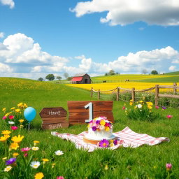 A charming and whimsical background for a first birthday party, featuring a country-like setting with lush green fields and vibrant wildflowers in shades of yellow, pink, and purple