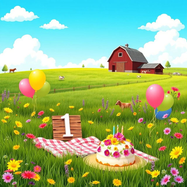 A charming and whimsical background for a first birthday party, featuring a country-like setting with lush green fields and vibrant wildflowers in shades of yellow, pink, and purple