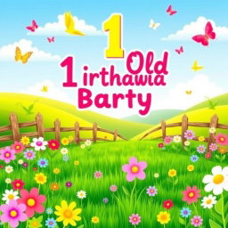 A vibrant and cheerful graphic background for a 1-year-old baby's birthday party, featuring a country-like theme