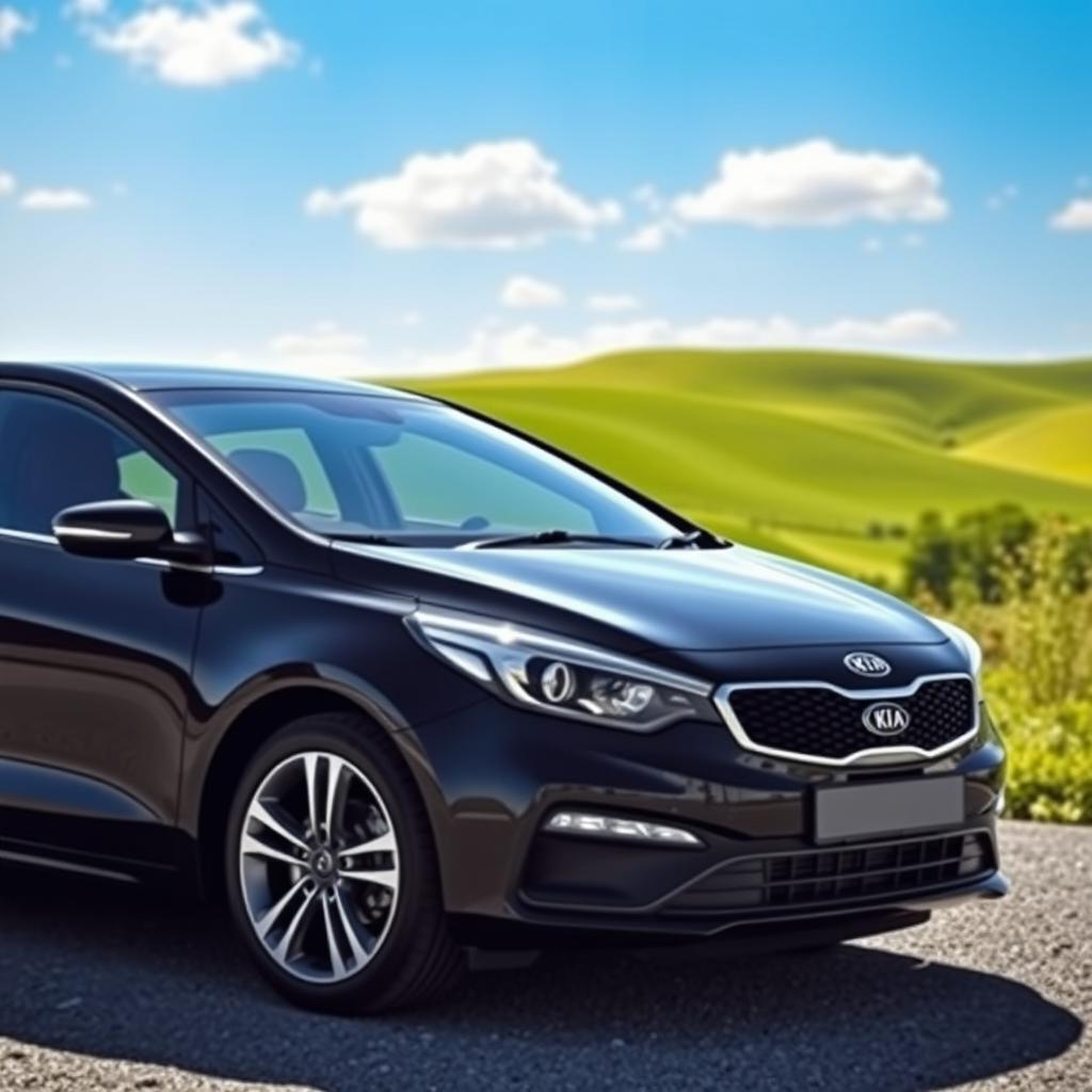 A shiny black Kia Cerato car with dark tinted windows, elegantly parked against a pleasant landscape backdrop featuring rolling green hills under a clear blue sky and a few fluffy white clouds
