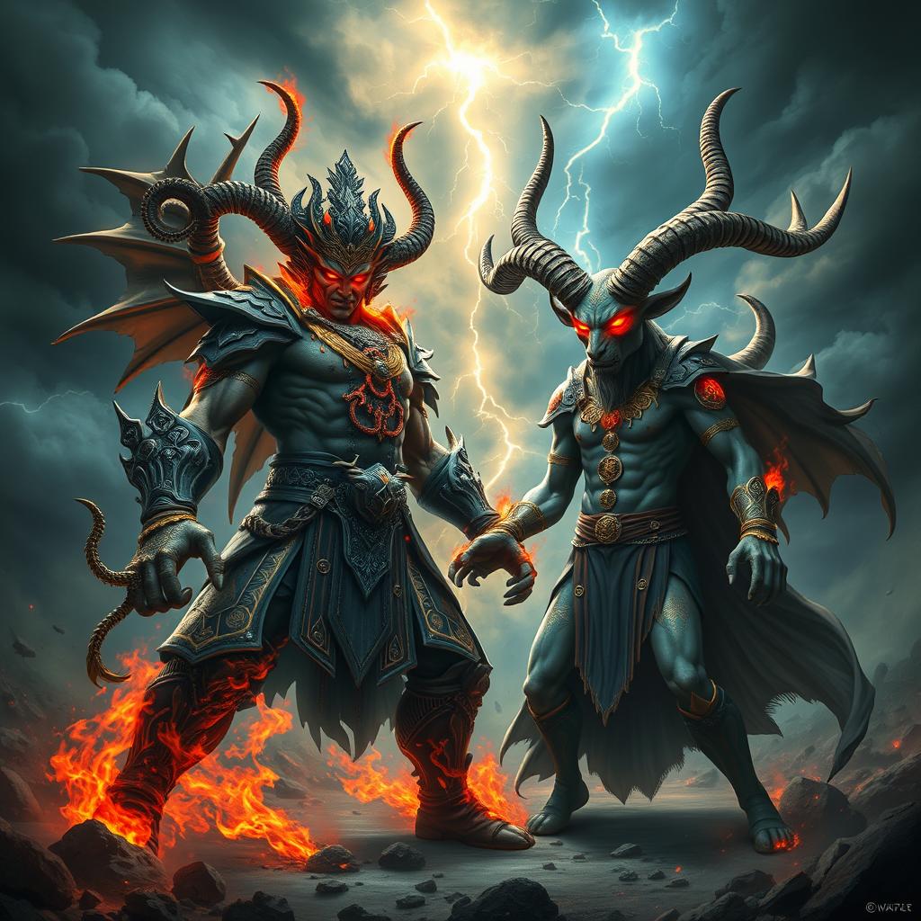 An epic showdown between Hiranyakasipu, the powerful demon king from Hindu mythology, and Baphomet, the mystical goat-headed figure associated with occultism
