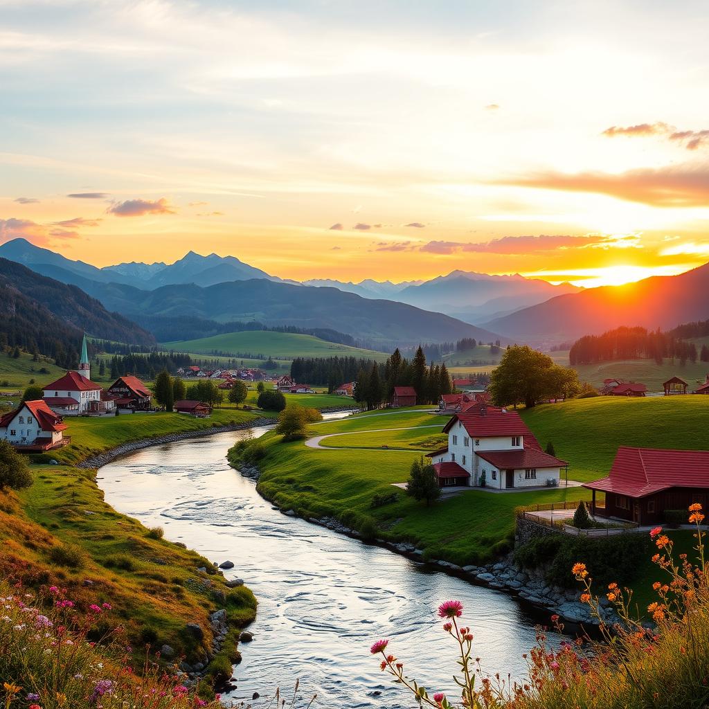 A beautiful, panoramic landscape showcasing the essence of Slovakia, featuring majestic mountains like the High Tatras, lush green valleys, and traditional Slovak architecture, such as folk houses with colorful roofs